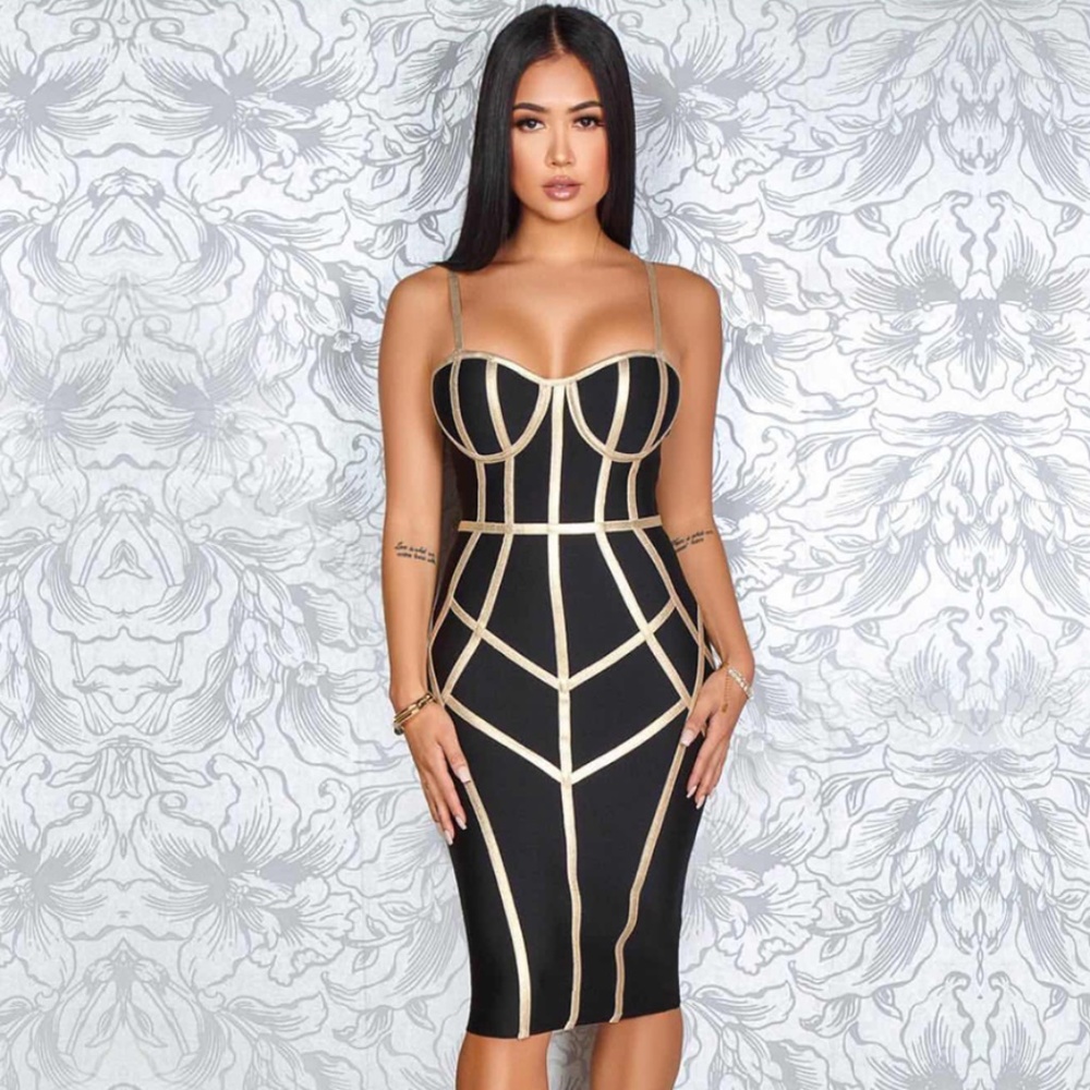 🎥 Bandage Contrast Trim Slim Dress in Black - Picture 5 of 14